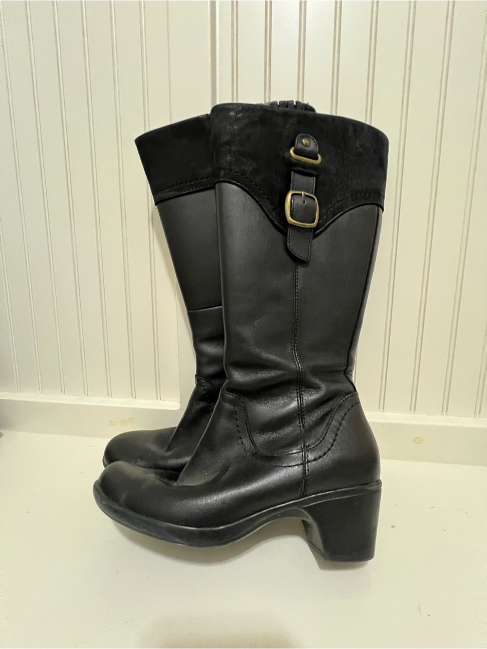 Clarks Black Leather Mid-Calf Buckle Boots